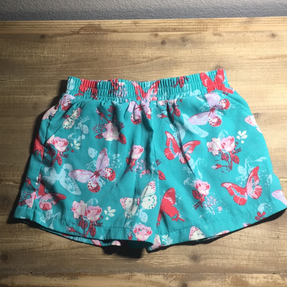 Girls teal shorts with pink butterflies